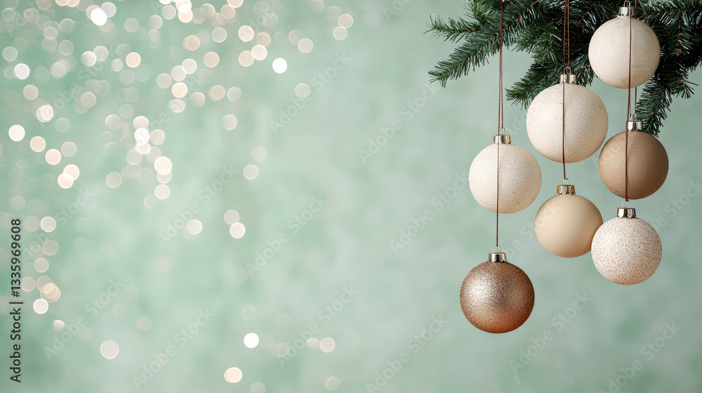 Poster elegant christmas ornaments hanging on tree with soft bokeh background