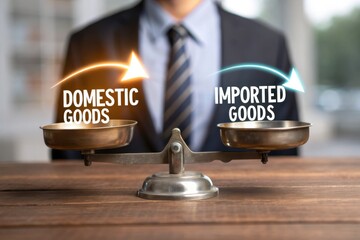 A businessman balances domestic and imported goods on a scale, symbolizing trade and economic considerations.