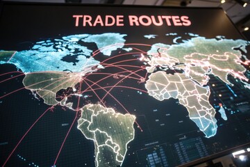 A detailed map highlighting global trade routes with interconnected lines showcasing international connections and commerce.