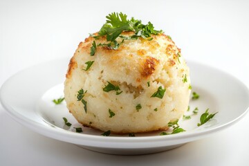Delectable fried mashed potato ball appetizer with fresh cilantro on white plate gourmet cuisine