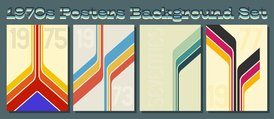 1970s Posters Background Set, Vector Templates for 70s Retro Party, Event, Vintage Colors and Shapes © koyash07