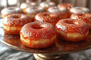 a Selection of Glazed Doughnuts Arranged on a Wooden Table