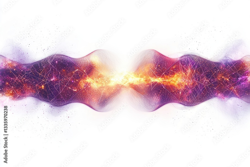 Poster energetic data flow in abstract connection with bright glow and purple haze on a white space