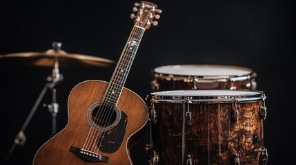 Fototapeta premium Harmony of wood and metal: acoustic guitar and drum set in dark setting