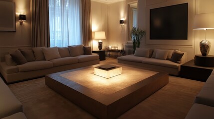 Fototapeta premium Cozy Living Room with Soft Lighting and Coffee Table