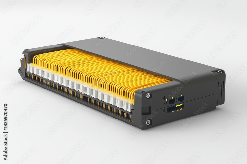 Aufkleber network communication hub with yellow cable array modern equipment for data transfer solution