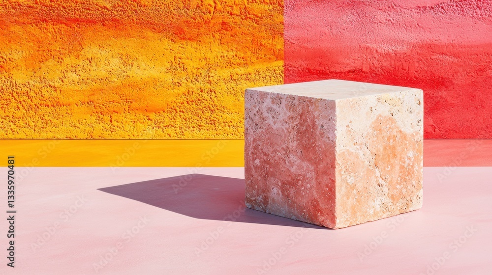 Poster a cube-shaped object with a rough texture stands on a pink surface, casting a shadow.