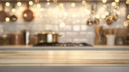 Cozy Kitchen Ambiance: Warm and inviting, this kitchen scene features a blurred background of cooking essentials illuminated by gentle string lights. A wooden countertop takes center stage.