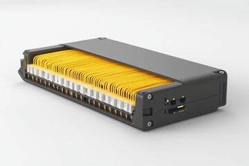 Network communication hub with yellow cable array modern equipment for data transfer solution