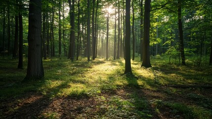 Obraz premium Sun-Dappled Forest: A serene forest bathed in sunlight, creating an enchanting atmosphere as light filters through the trees.