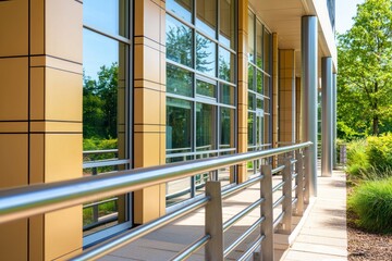 Modern architecture with large glass windows reflecting green trees and sunny sky at commercial building
