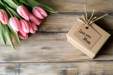 Fresh pink tulip bouquet on wooden background in spring. "Love you Mom"