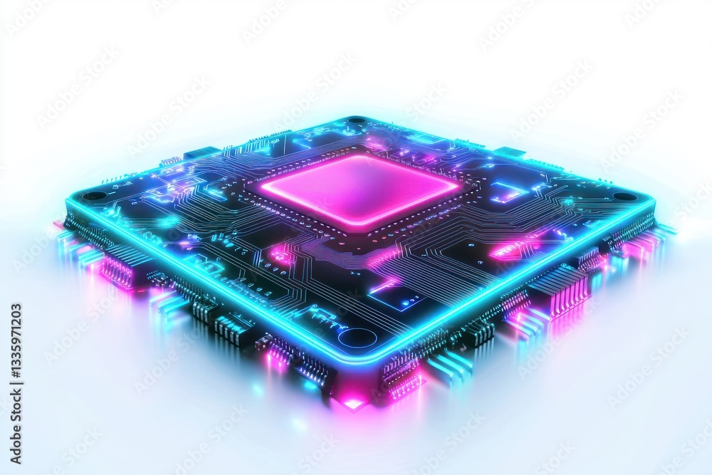 Poster intricate cpu close up with neon illumination, technology of micro circuit, central processing unit