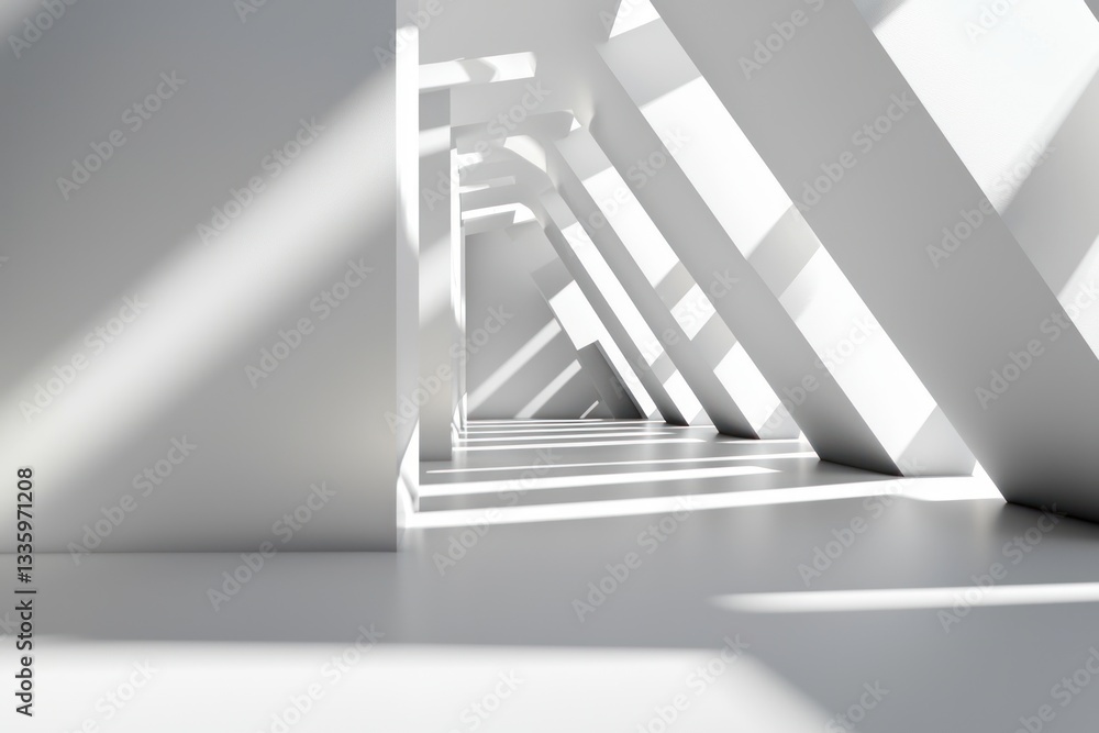 Poster architectural geometry of minimalist white hallway with sunlight and shadow creating abstract patter