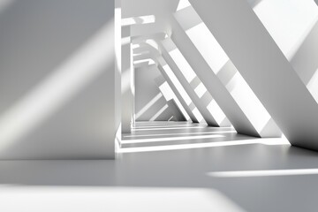 Architectural Geometry of Minimalist White Hallway with Sunlight and Shadow Creating Abstract Patterns
