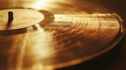 Golden Vinyl Record: Capturing the warm, nostalgic feel of analog music. Close-up view of a vinyl record, showcasing its grooves and textured surface. A symbol of timeless music.