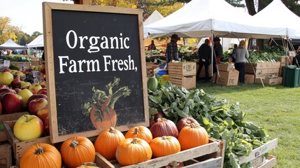 Organic Farm Fresh: A bustling farmer's market scene showcases an array of organic produce, with a rustic sign, inviting visitors to experience the bounty of nature.
