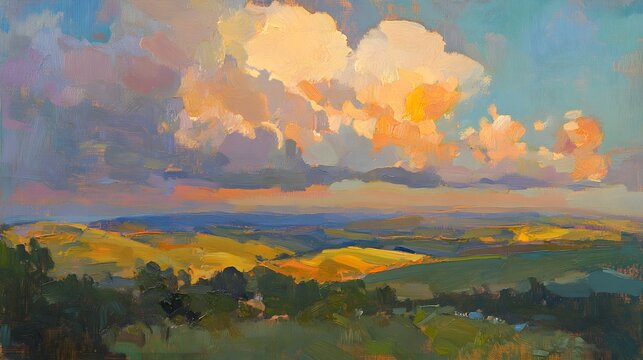Vibrant Sunset Landscape Painting Golden Fields Rolling Hills Dramatic Cloudscape Art