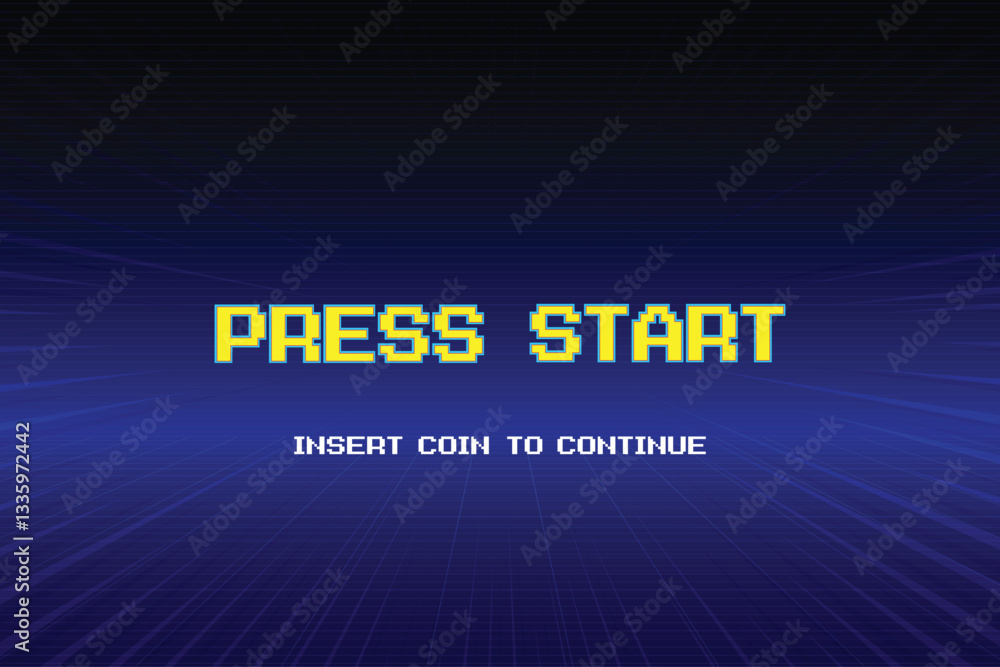 Poster press start insert a coin to continue. pixel art .8 bit game. retro game. for game assets. retro fut