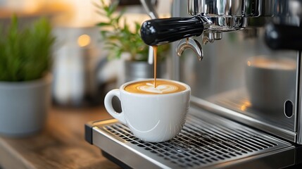 Close up of an espresso machine making coffee latte art for cafe menu