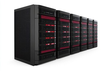 Array of Black Server Racks with Red Lights in Data Center for IT Infrastructure Telecommunications and Cybersecurity on White Background