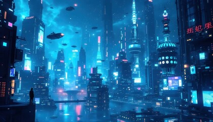 Cyberpunk Cityscape Digital Art Neon Lights Futuristic Scenery