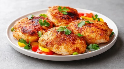 Delicious pan fried chicken thighs garnished with parsley and bell peppers on a white plate