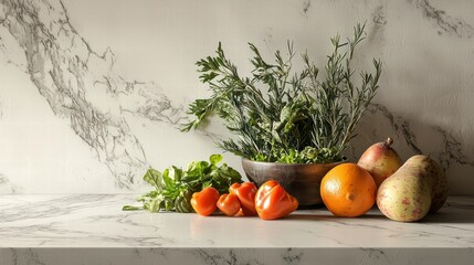 Still Life of Fresh Produce: A stunning composition of vibrant fruits and herbs arranged artfully, exuding freshness and culinary delight.