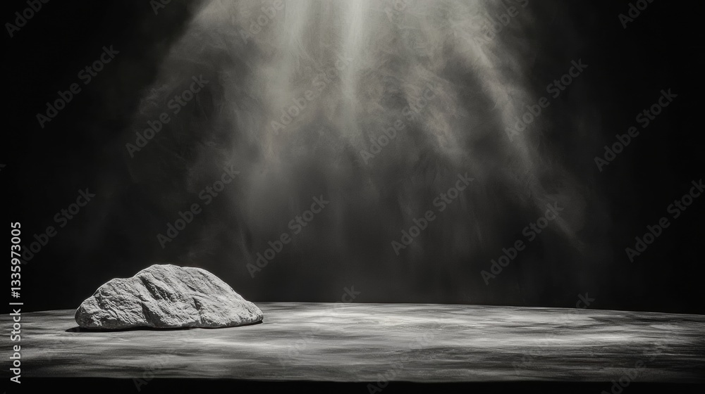 Poster a black and white image of a rock on a platform with light shining down on it.