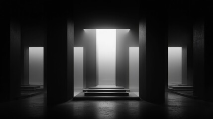 A black and white image of a room with a staircase leading to a bright light at the top.
