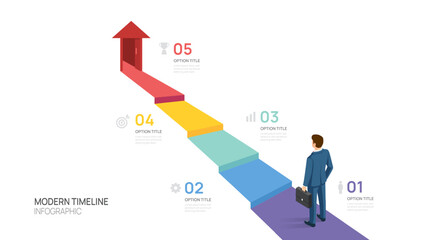 Business success infographic with arrow isometric 5 steps, career growth, and achievement concept, vector.