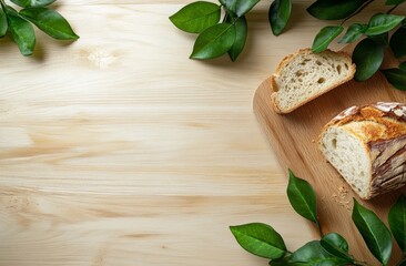 Fresh bread slices on wooden table with greenery
