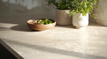 Freshness in Kitchen: A culinary moment captured with a close-up of a modern kitchen counter showcasing a wooden bowl filled with fresh herbs and a plant pot, bathed in soft, natural light.