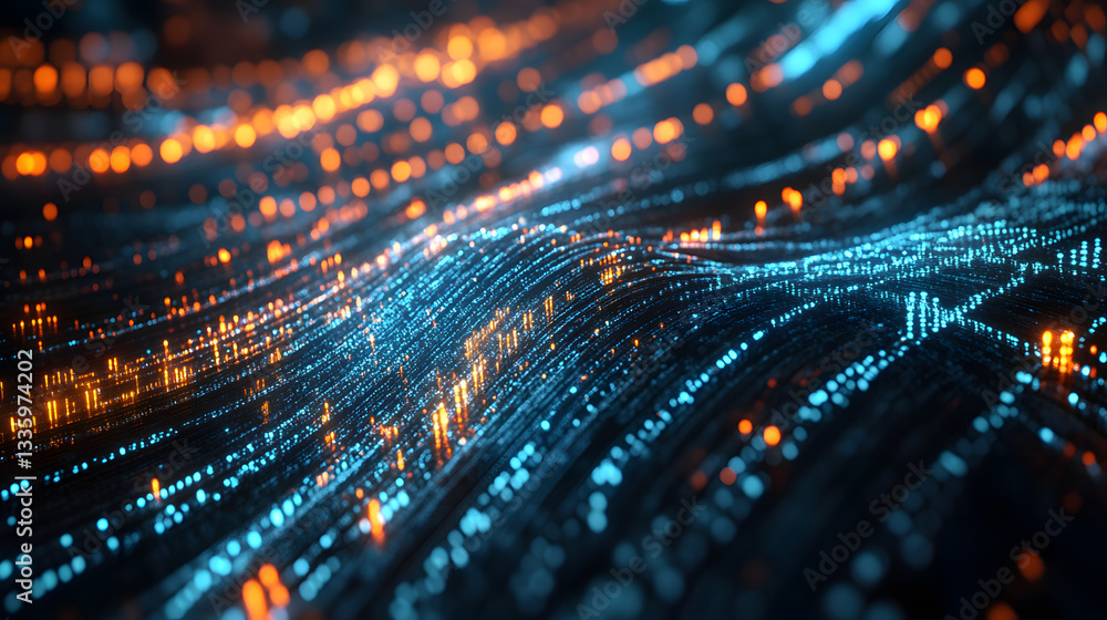 Poster futuristic data stream 3d illustration. data transfer technology. cyberpunk, big data and cybersecur