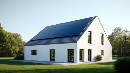 Obraz premium A clean and minimalist white Scandinavian-style home with black monocrystalline solar panels neatly installed on the slanted roof