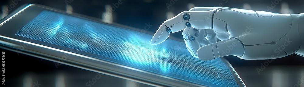Poster advanced robot interacting with laptop screen, exploring the future of technology and innovation