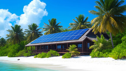 A beautiful beachfront bungalow with a slanted solar-panel roof, surrounded by palm trees and white sand