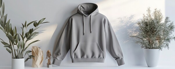 An ash gray hoodie mockup displayed in a clean white studio setup with balanced lighting