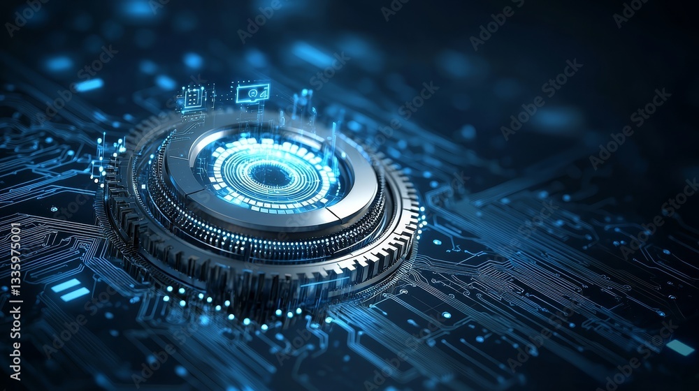 Poster intricate closeup of a computer chip with evocative blue light, exploring modern microcircuitry