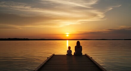 Fototapeta premium Silhouette of a mother and her child enjoying the sunset on the edge of a lake