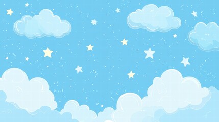 Dreamy Sky: Pastel blue sky filled with fluffy clouds and shining stars, creating a peaceful and whimsical scene.