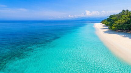 Tropical beach scene, serene turquoise waters meeting white sandy shores, vibrant greenery in the background, perfect for relaxation.