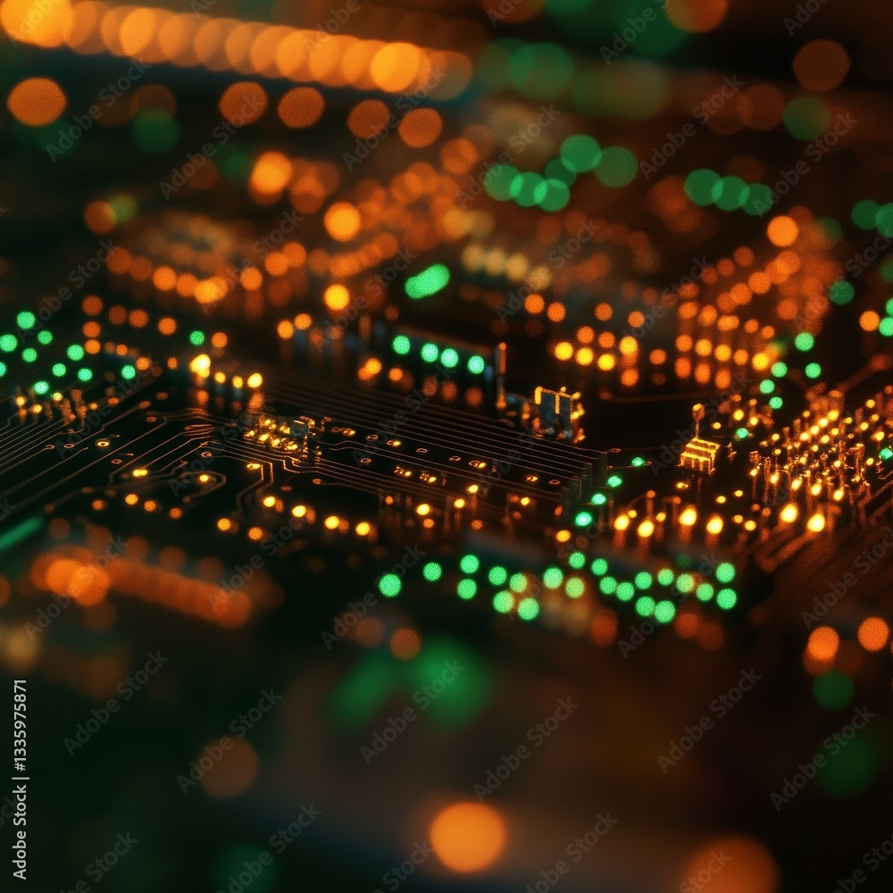 Poster technological marvel showcasing circuit board intricacies with gleaming lights and advanced design i