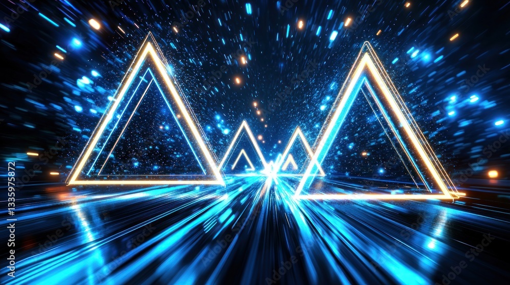 Poster dynamic abstract background with glowing triangle shapes, cosmic space style, speed light effect, fu