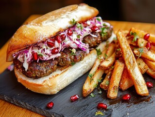 Delicious sandwich filled with meatballs cabbage and pomegranate with a side of golden fries on a black tray