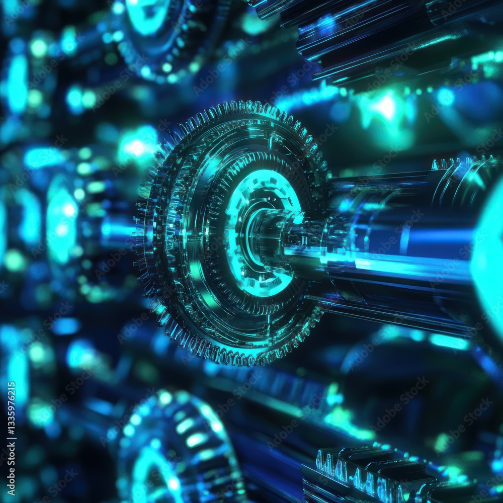 Poster abstract precision engineering system with complex metal gears in cool cyan and blue tones