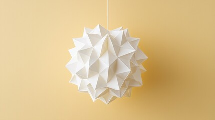 A white paper sculpture of a flower hanging from a string.