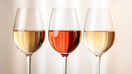 Colorful wine glasses arranged in a row, showcasing white, rosé, and red wines, elegant setting perfect for dining.