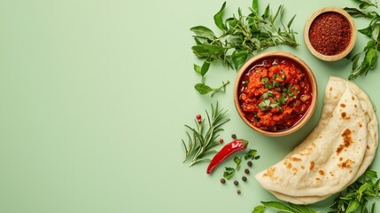 Artistic food photography of tasty tomato stew with fresh greens on green surface from above