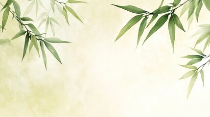 Elegant bamboo leaves, soft light background, artistic illustration, wall decor